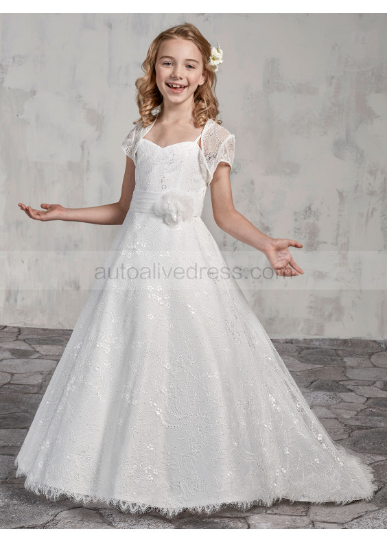 Sweetheart Neck Ivory Eyelash Lace Flower Girl Dress With Jacket